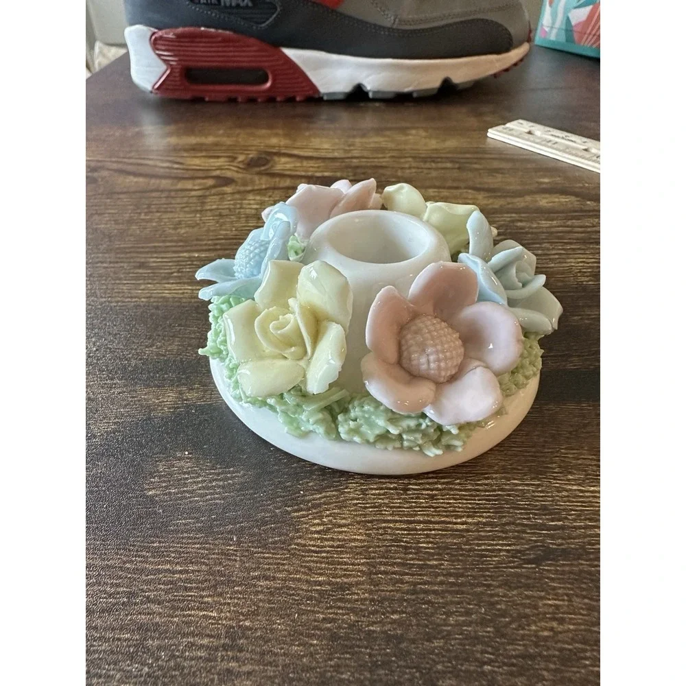 Vintage Floral Porcelain Taper Candle Holder Pastel Applied Flowers Unmarked